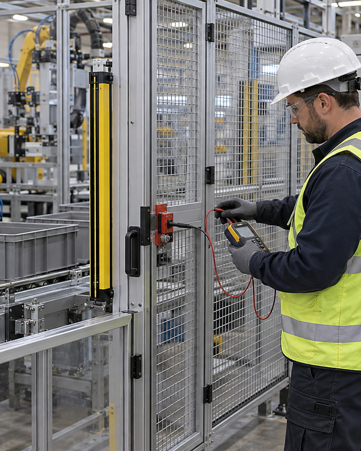 A safety engineer checking interlocks and protective devices on a guarded production cell.
