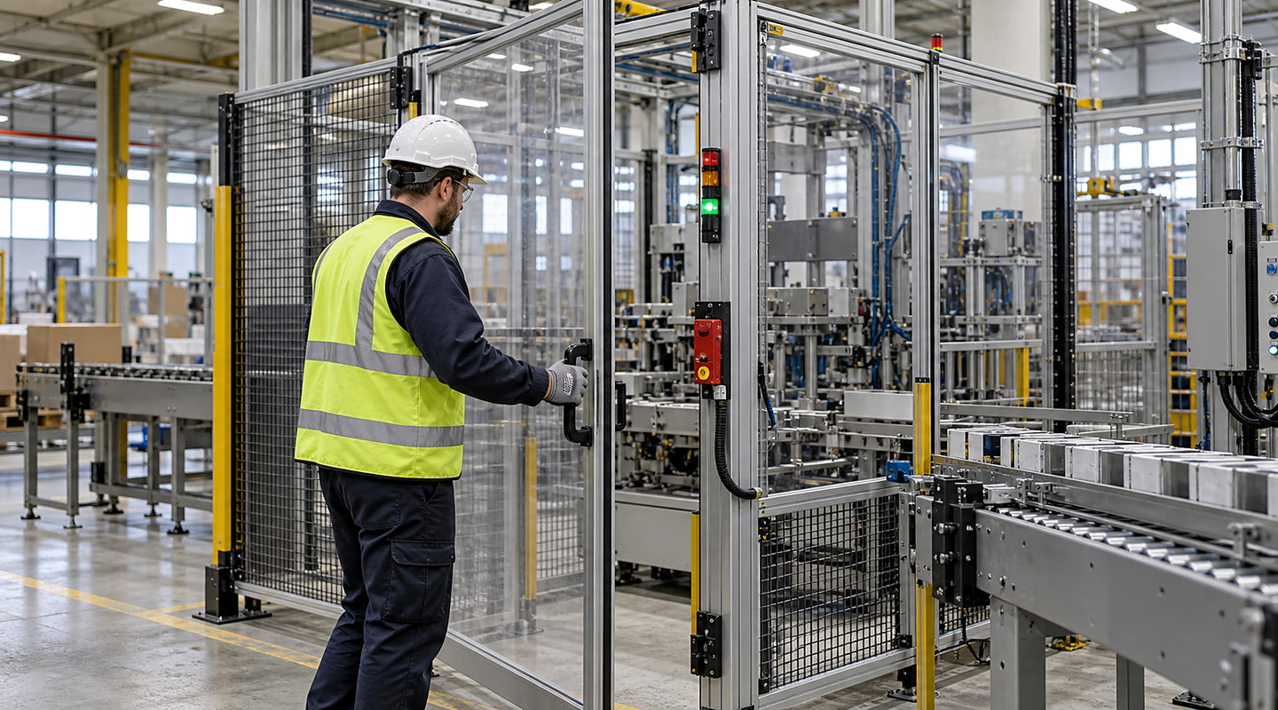 An operator opening an interlocked access door on a guarded automated cell while the safety control status is visible.