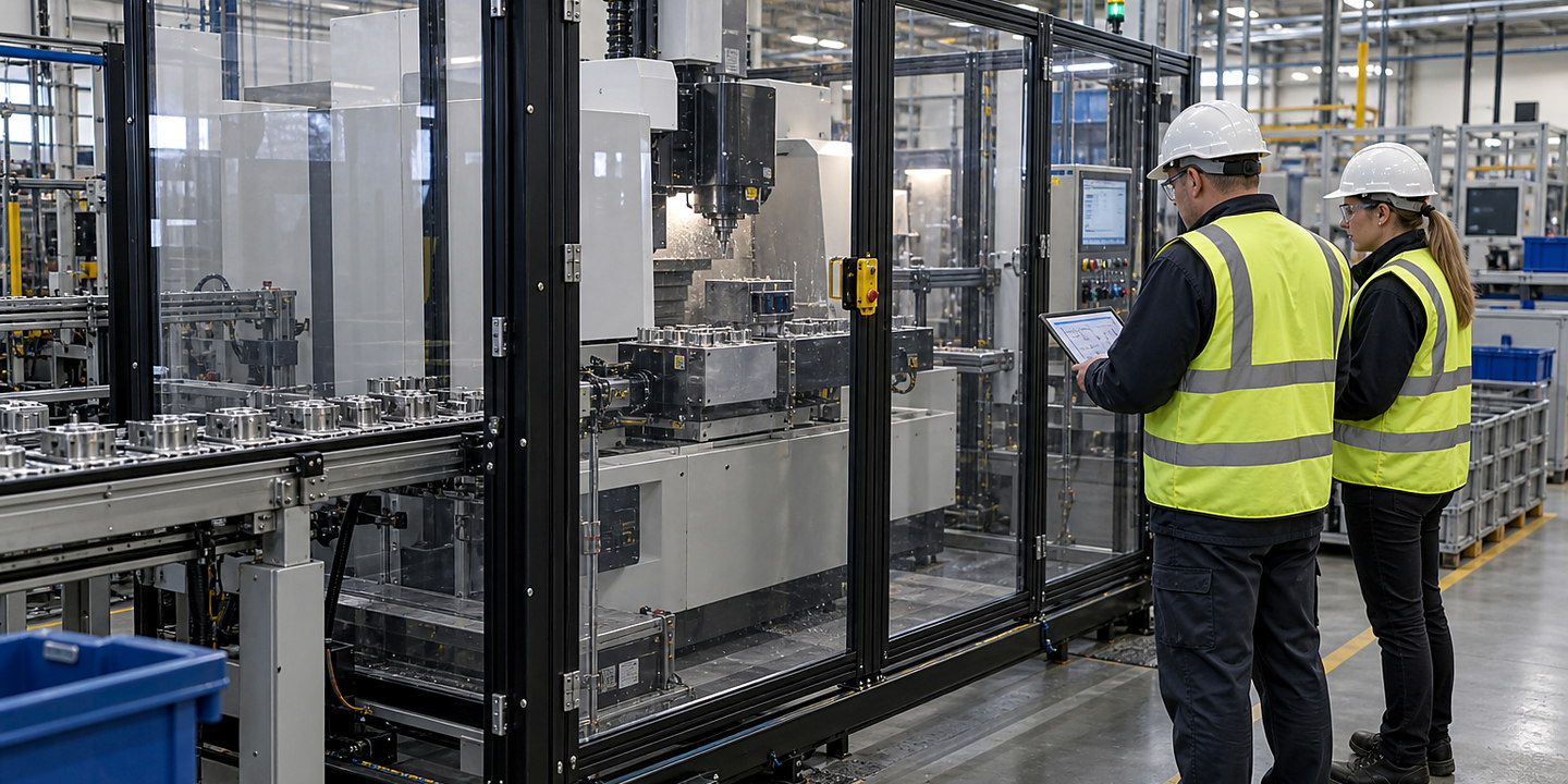 An operator opening an interlocked access door on a guarded automated cell while the safety control status is visible.